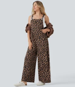 Jumpsuits<HALARA Leopard Print Waffle Casual Overalls with Pockets