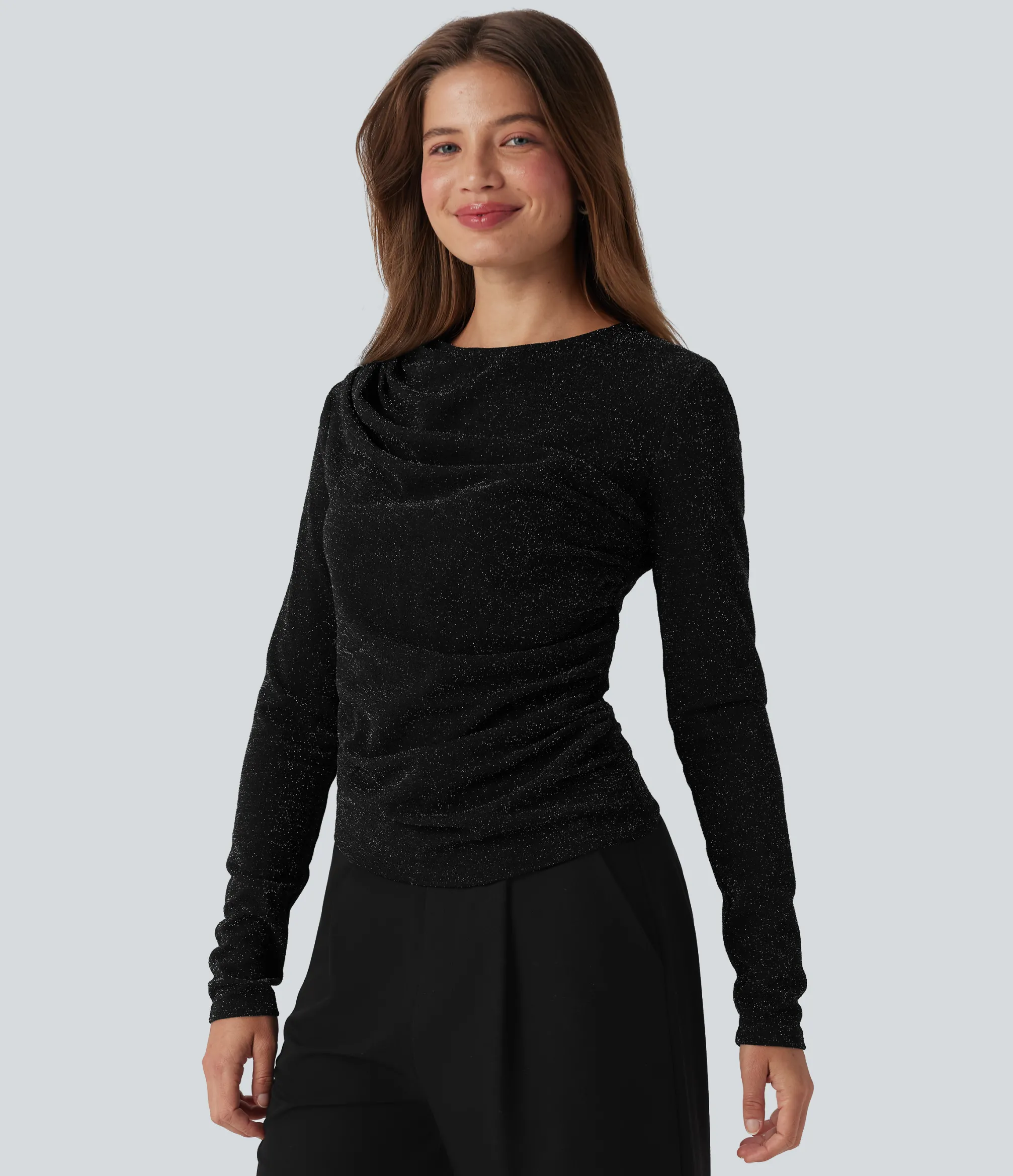 Casual Tops<HALARA Long Sleeve Asymmetric Ruched Metallic Casual Top