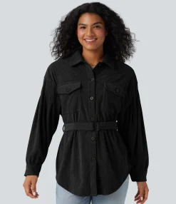 Jackets & Outerwear<HALARA Long Sleeve Belted Curved Hem Corduroy Casual Shirt Jacket with Pockets