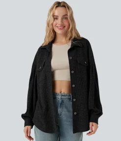 Jackets & Outerwear<HALARA Long Sleeve Curved Hem Knit Waffle Casual Jacket with Pockets