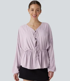 Shirts Blouses|Work Tops<HALARA Long Sleeve Lace Up Drawstring Work Blouse