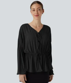 Shirts Blouses|Work Tops<HALARA Long Sleeve Lace Up Drawstring Work Blouse