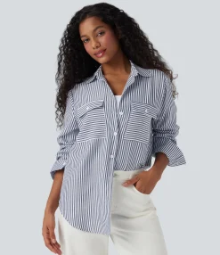 Casual Tops|Shirts Blouses<HALARA Long Sleeve Stripe Curved Hem Casual Shirt