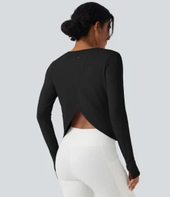Sports Tops|Sports Tops<HALARA Long Sleeve Thumb Hole Crossover Curved Hem Yoga Sports Top