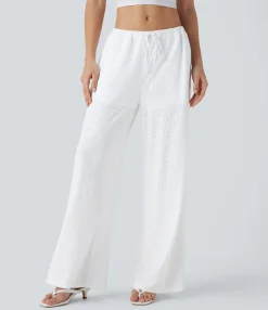 Wide-Leg Pants|Pants<HALARA Low Rise Drawstring Pocket 2-in-1 Wide Leg Eyelet Embroidery Casual Pants