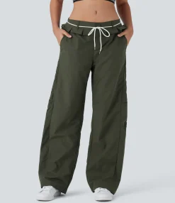Pants<HALARA Low Rise Drawstring Ruffle Trim Dance Barrel Leg Pants with Pockets