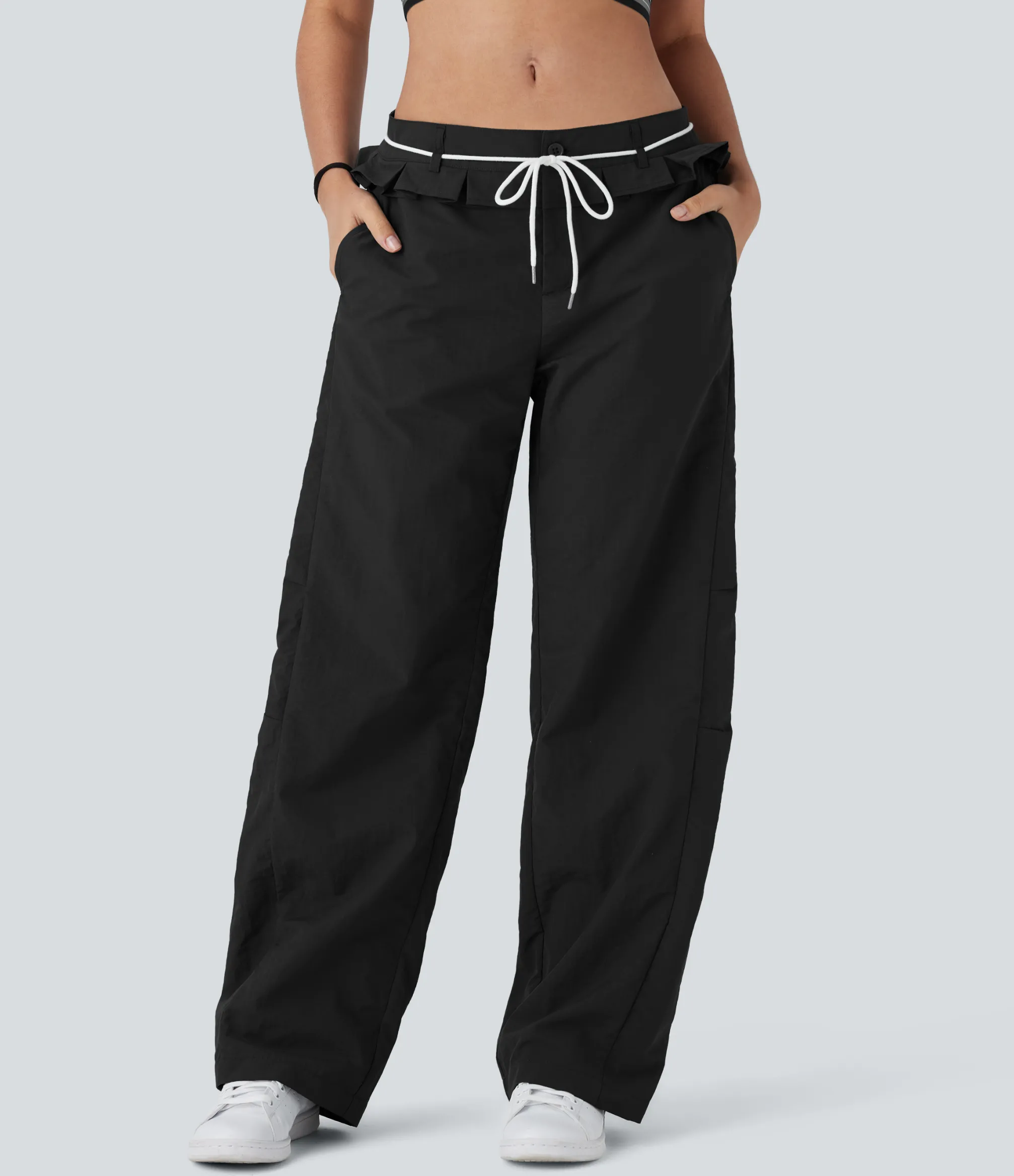 Pants<HALARA Low Rise Drawstring Ruffle Trim Dance Barrel Leg Pants with Pockets