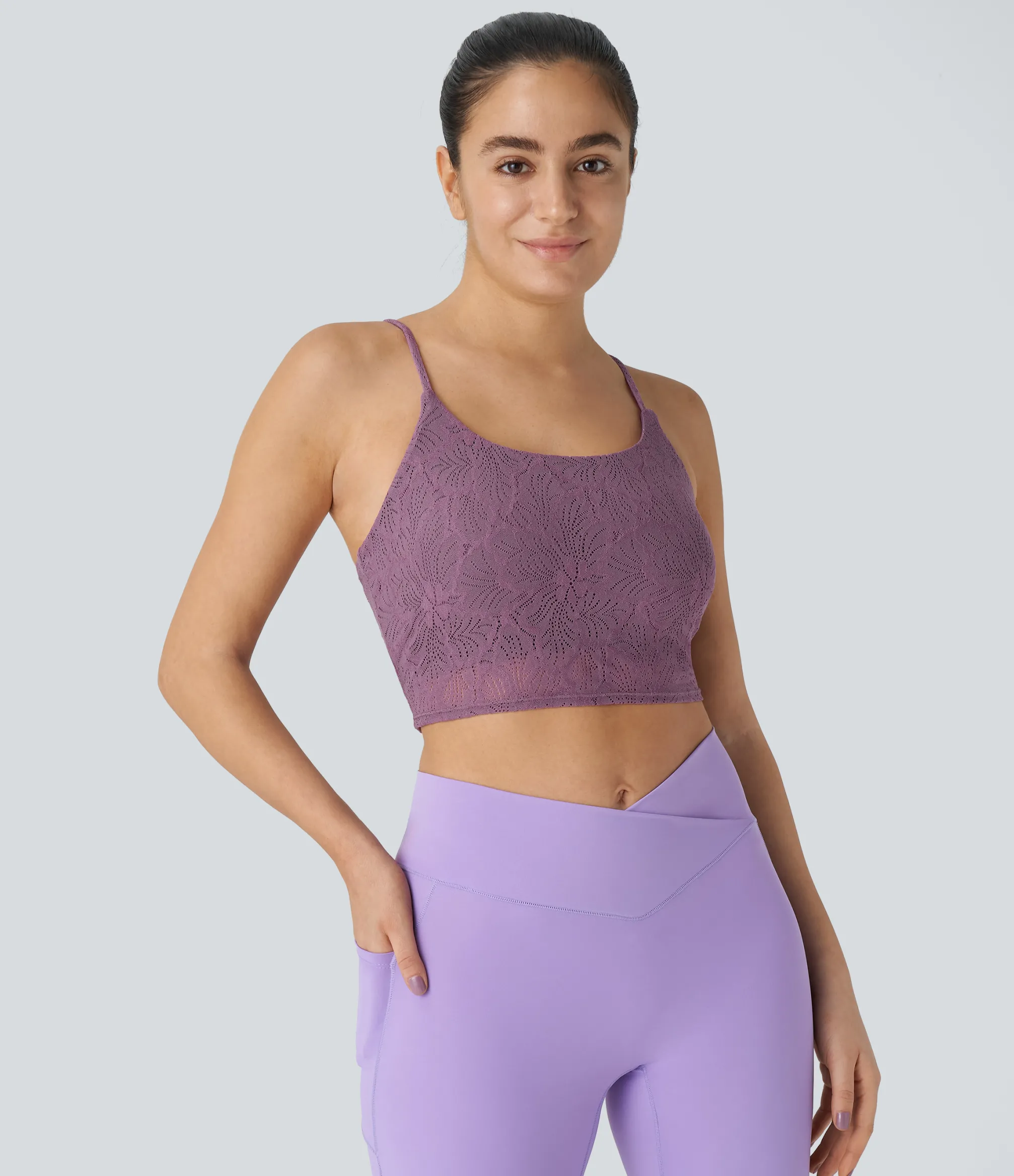 Sports Bras|Sports Bras<HALARA Low Support Lace Overlay Cropped Yoga Sports Bra