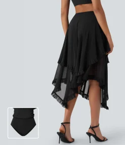 Maxi & Midi Skirts|Skirts<HALARA Mesh Mid Rise Drawstring Frill Asymmetric Hem 2-in-1 Flowy Skirt
