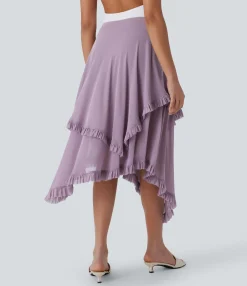 Maxi & Midi Skirts|Skirts<HALARA Mesh Mid Rise Drawstring Frill Asymmetric Hem 2-in-1 Flowy Skirt