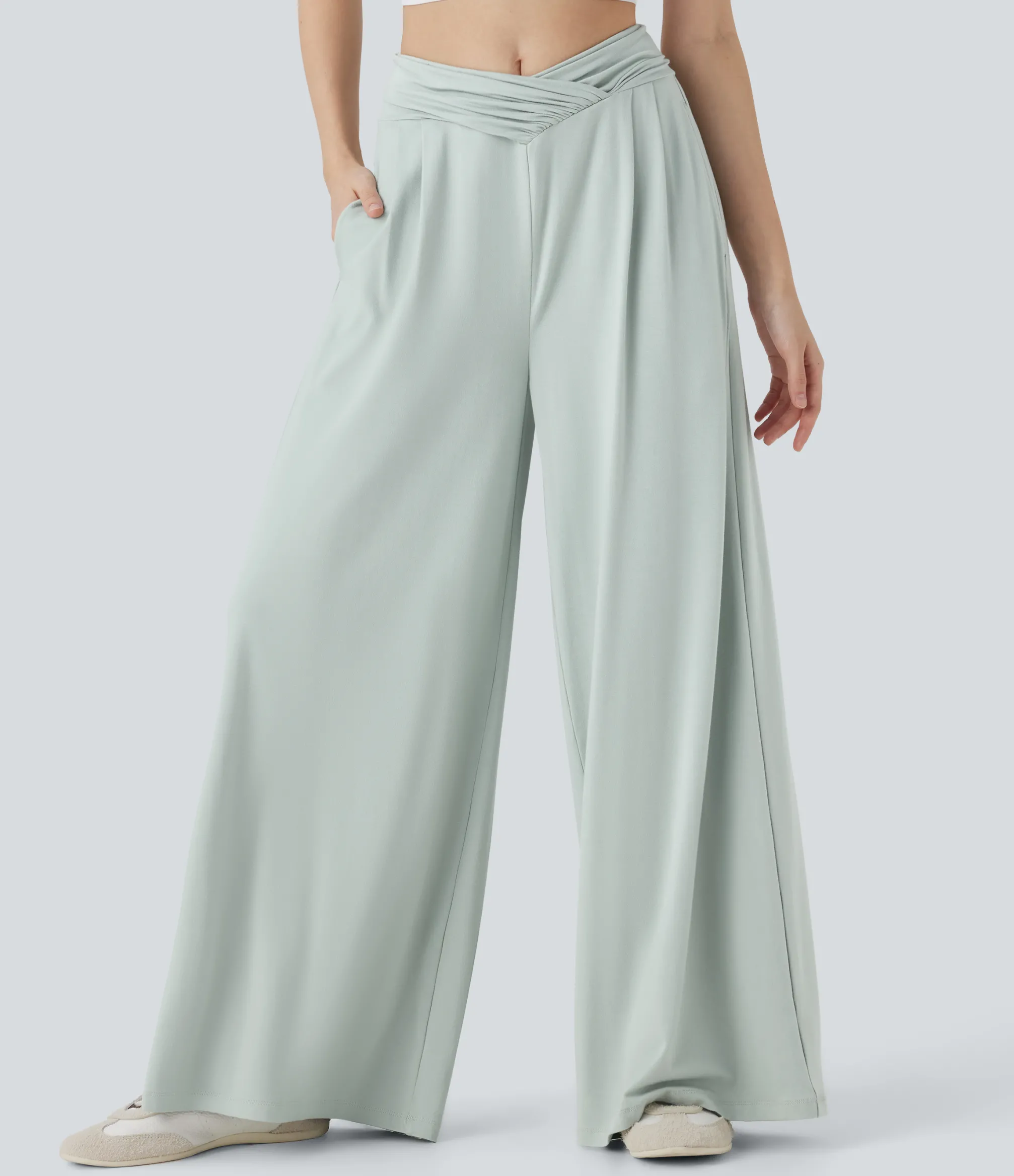 Wide-Leg Pants|Pants<HALARA Mid Rise Crossover Ruched Wide Leg Casual Pants with Pockets