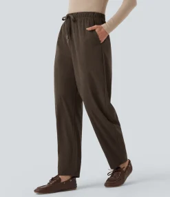 Pants<HALARA Mid Rise Drawstring Barrel Leg Corduroy Casual Pants with Pockets