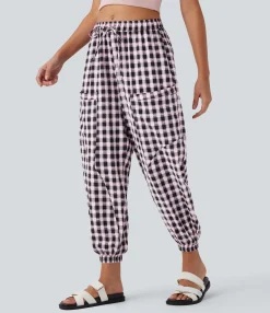 Pants|Joggers<HALARA Mid Rise Drawstring Pockets Plaid Casual Barrel Leg Joggers
