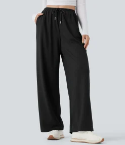 Straight-Leg Pants|Pants<HALARA Mid Rise Drawstring Straight Leg Waffle Knit Yoga Pants with Pockets