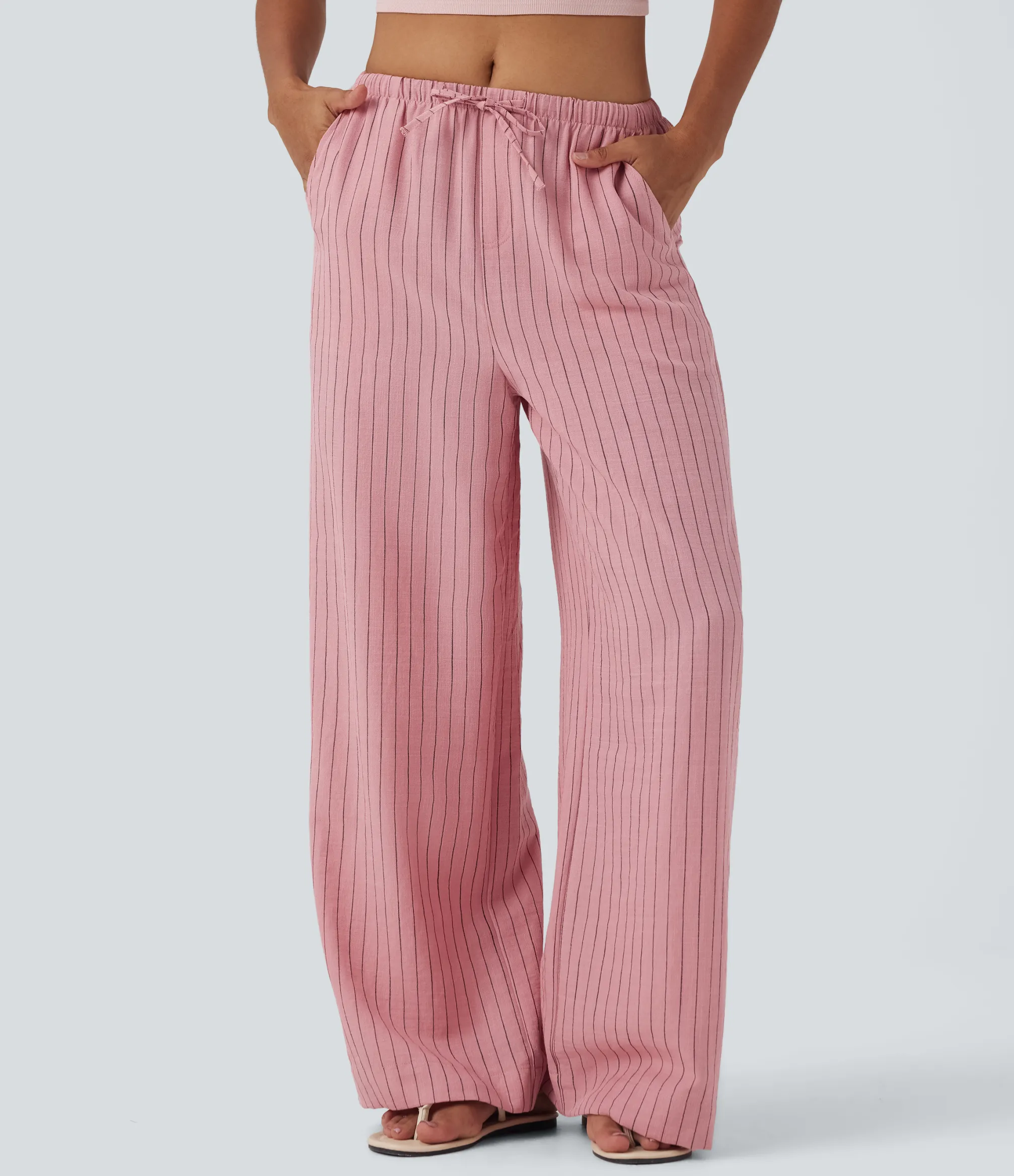 Wide-Leg Pants|Pants<HALARA Mid Rise Drawstring Stripe Wide Leg Casual Linen-Feel Pants with Pockets