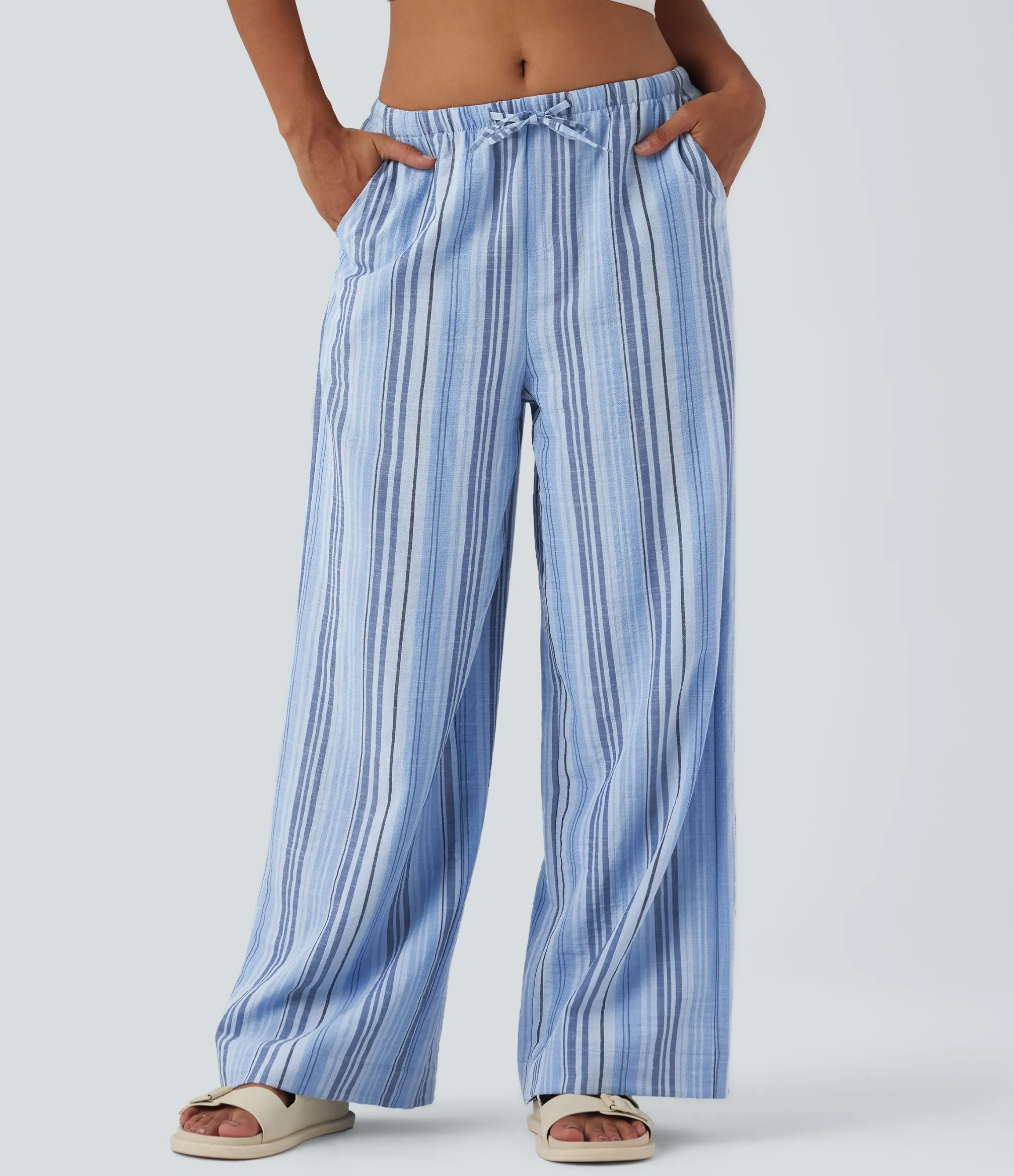 Wide-Leg Pants|Pants<HALARA Mid Rise Drawstring Stripe Wide Leg Casual Linen-Feel Pants with Pockets
