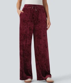 Pants|Wide-Leg Pants<HALARA Mid Rise Drawstring Velvet Wide Leg Casual Pants with Pockets