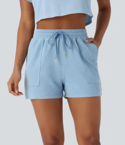 Shorts<HALARA Mid Rise Drawstring Waffle Casual Shorts with Pockets