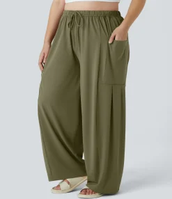 Plus Size<HALARA Mid Rise Elastic Waistband Drawstring Pocket Palazzo Flowy Wide Leg Casual Plus Size Pants
