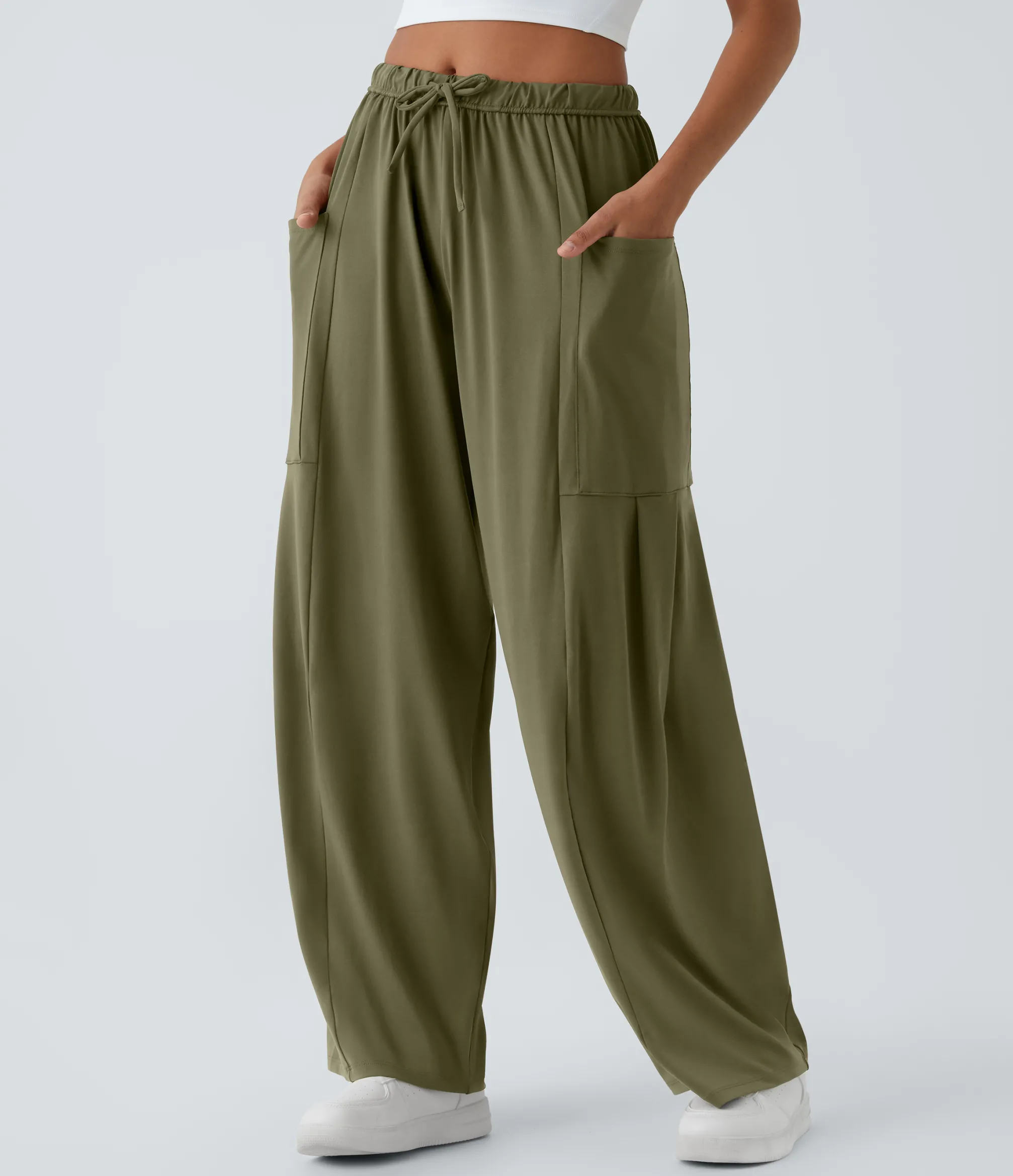 Wide-Leg Pants|Pants<HALARA Mid Rise Elastic Waistband Drawstring Pocket Palazzo Flowy Wide Leg Casual Pants