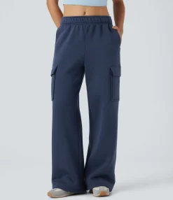 Cargo Pants|Wide-Leg Pants<HALARA Mid Rise Fleece Cargo Wide Leg Casual Pants with Pockets