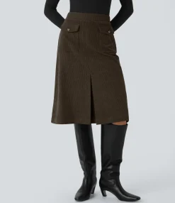 Casual Skirts|Maxi & Midi Skirts<HALARA Mid Rise Front Side Flap Pocket Midi Corduroy Casual Skirt