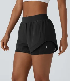 Active Shorts<HALARA Mid Rise 2-in-1 Pocket Contrast Mesh Curved Hem Yoga Shorts 3''