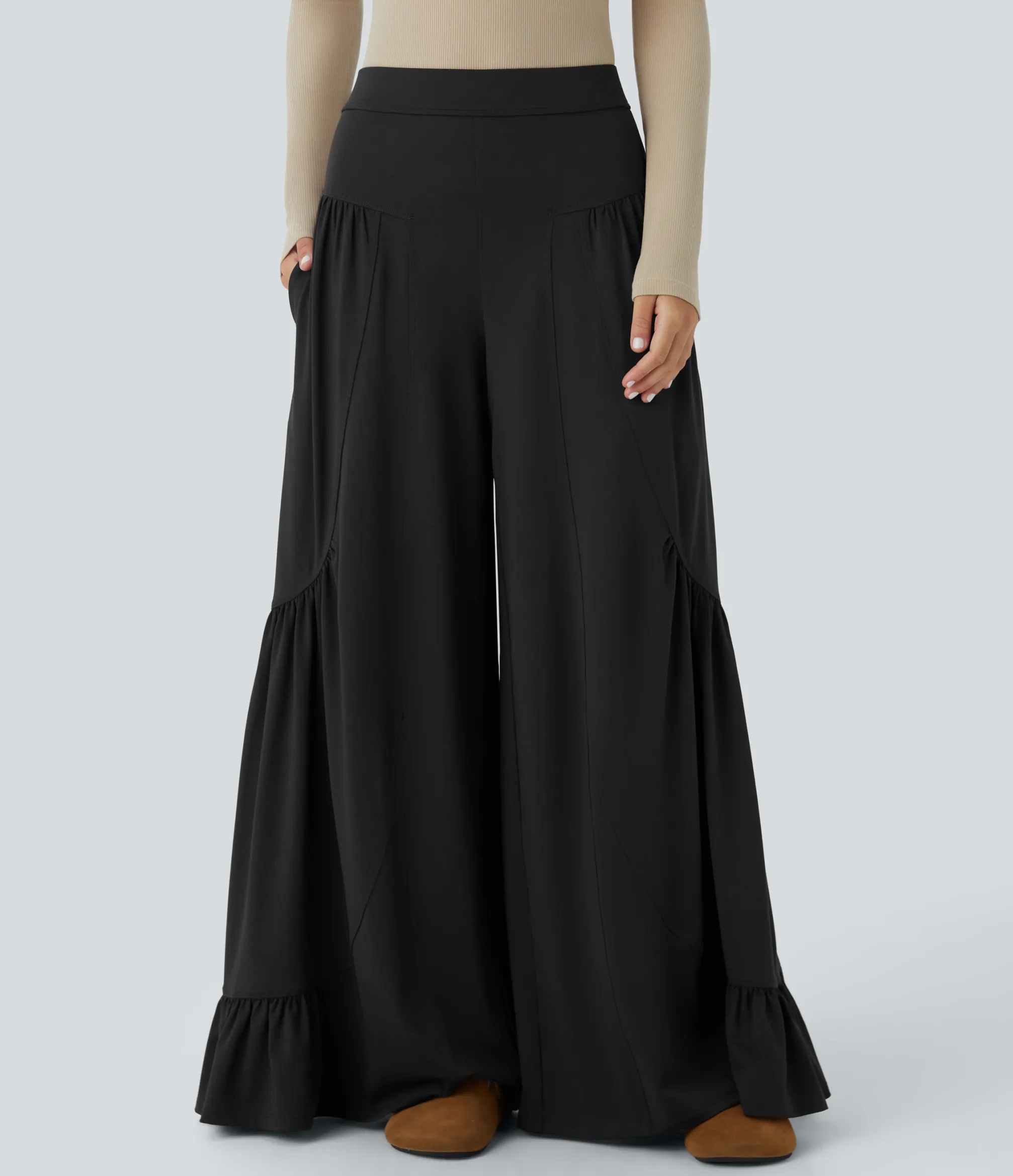 Pants|Wide-Leg Pants<HALARA Mid Rise Pocket Ruffle Hem Wide Leg Palazzo Casual Pants