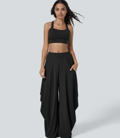 Wide-Leg Pants|Pants<HALARA Mid Rise Pockets Draped Wide Leg Casual Pants