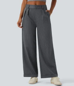 Pants|Wide-Leg Pants<HALARA Mid Rise Striped Work Wide Leg Pants With Pockets
