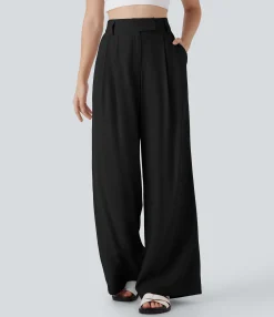 Wide-Leg Pants|Pants<HALARA Mid Rise Wide Leg Casual Linen-Feel Pants with Pockets