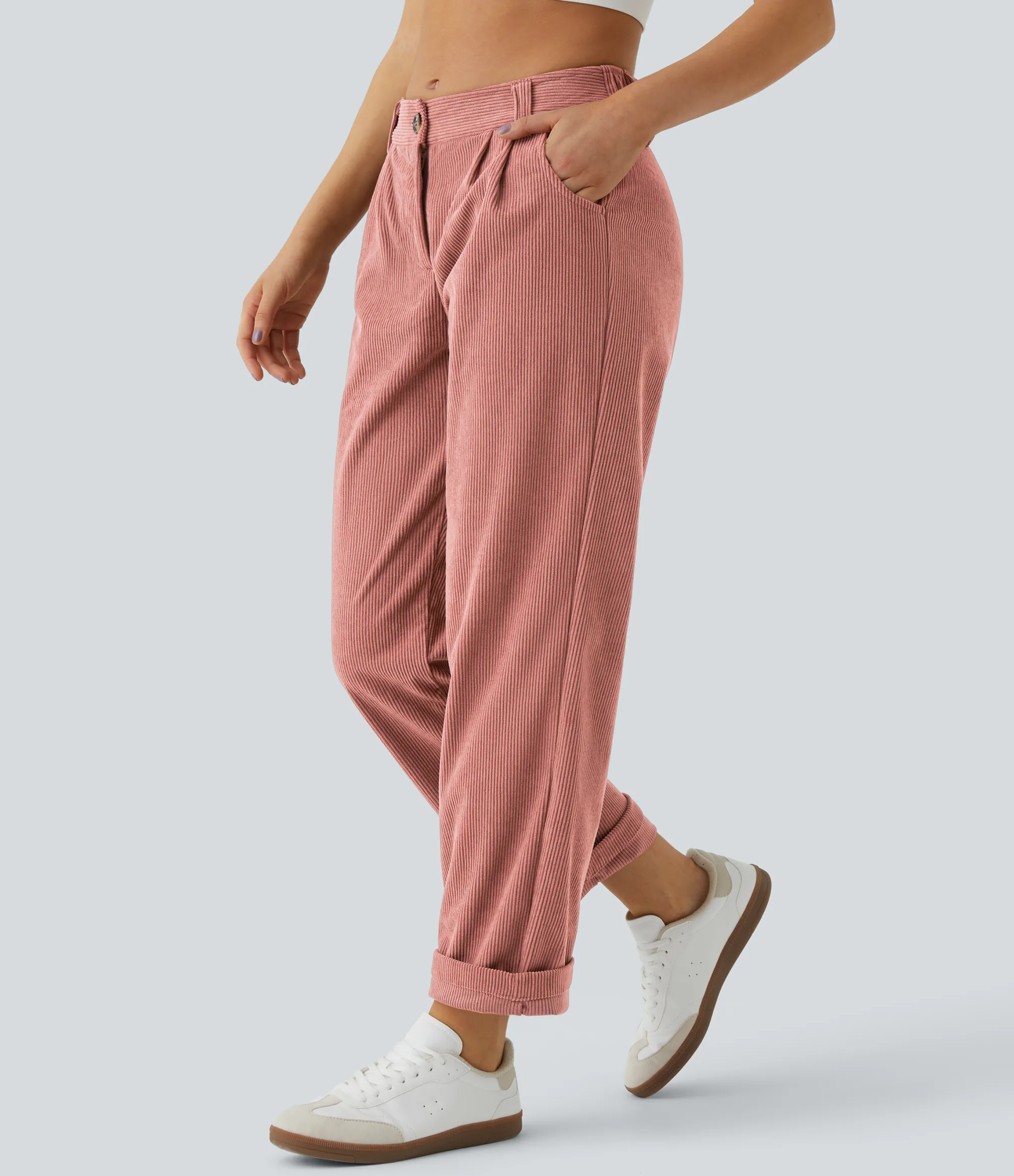 Pants<HALARA Mid Rise Zipper Pocket Corduroy Casual Pants