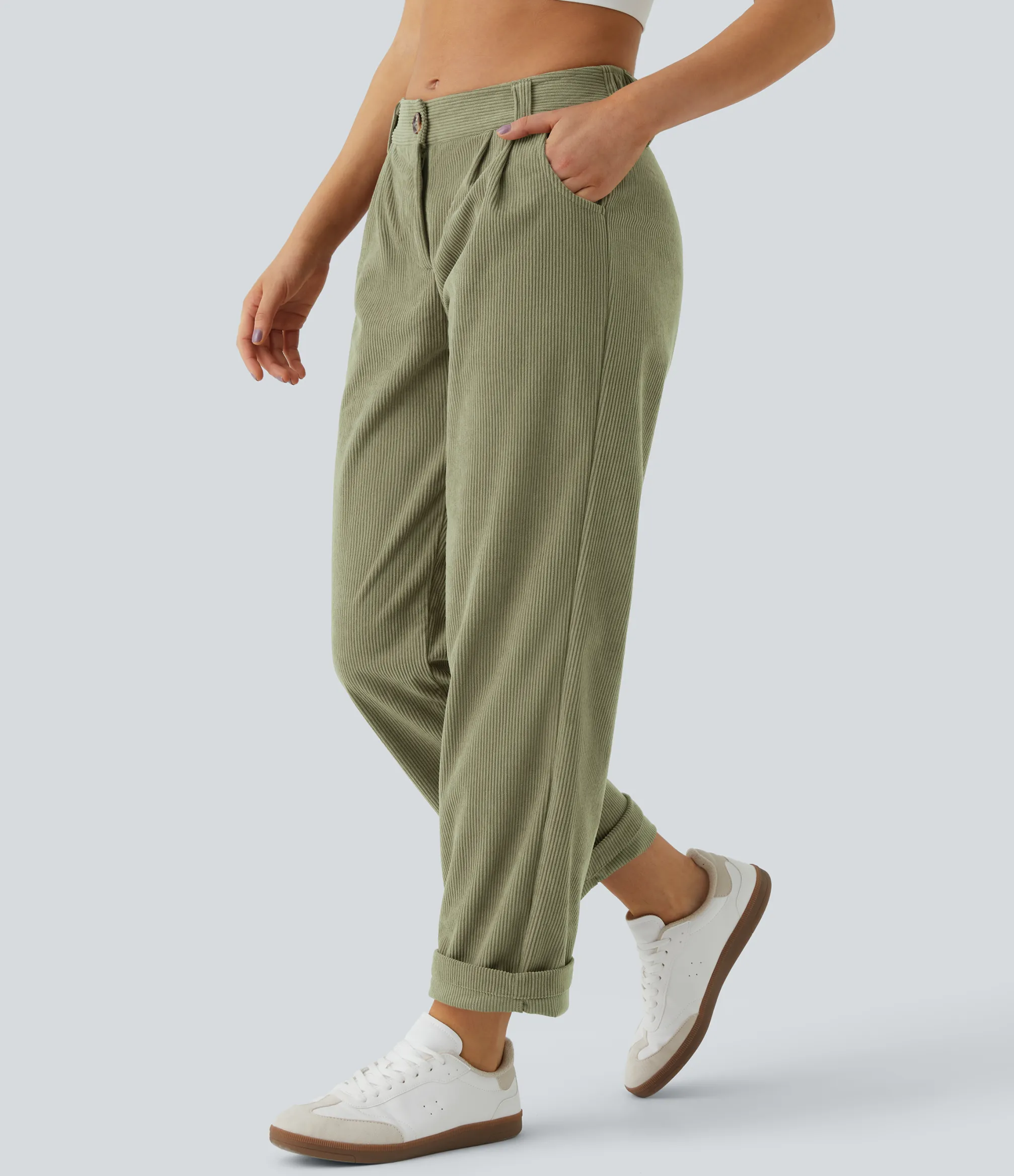 Pants<HALARA Mid Rise Zipper Pocket Corduroy Casual Pants