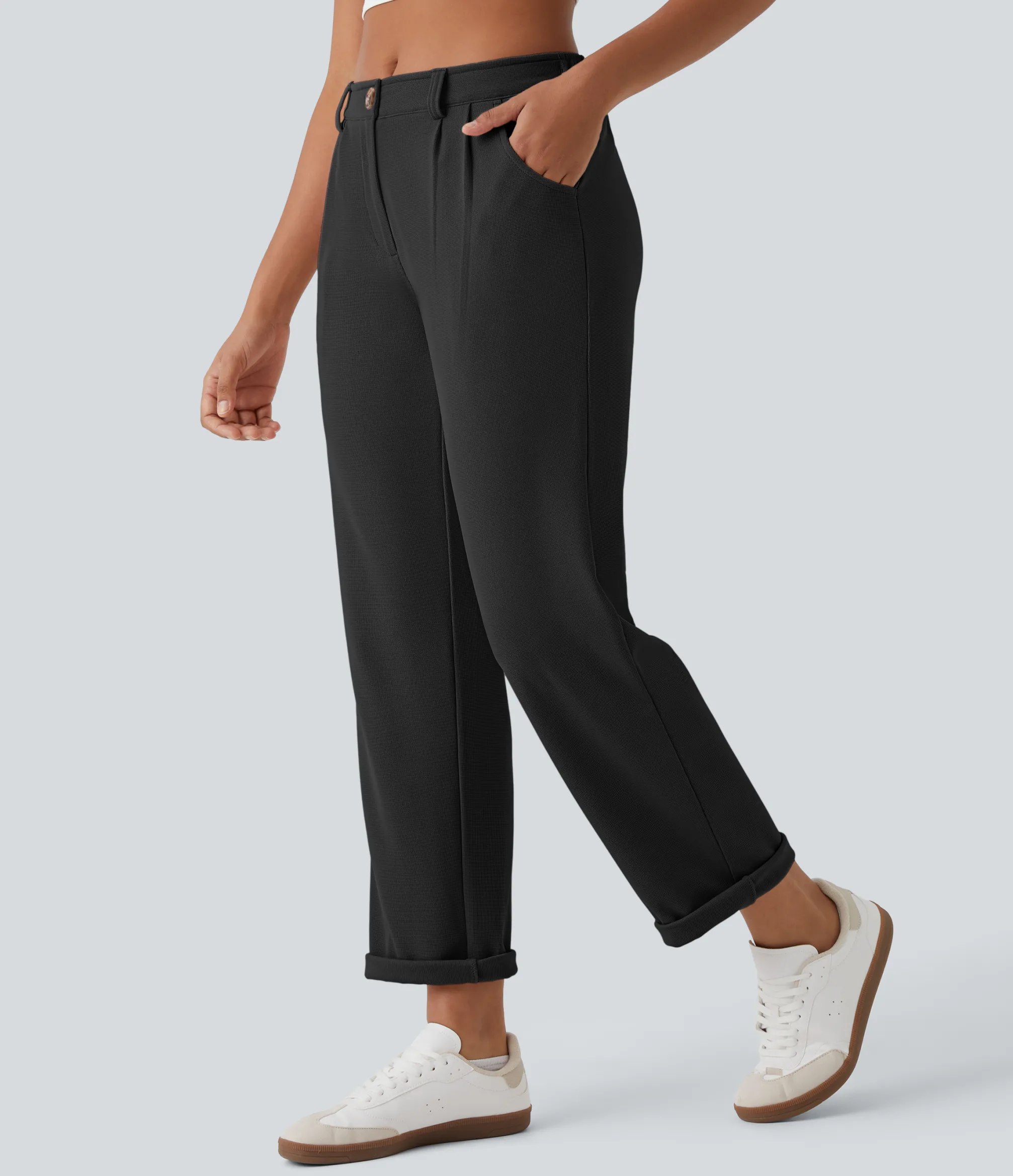 Pants<HALARA Mid Rise Zipper Pocket Waffle Casual Pants