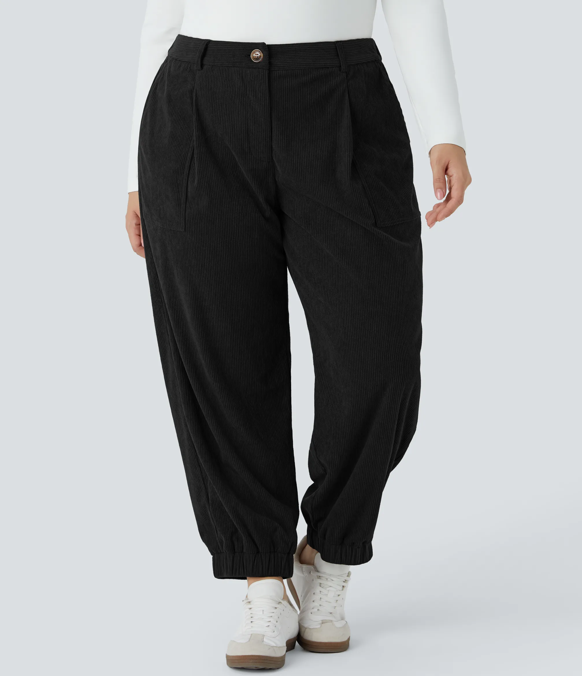 Plus Size<HALARA Mid Rise Zipper Pockets Corduroy Casual Plus Size Joggers