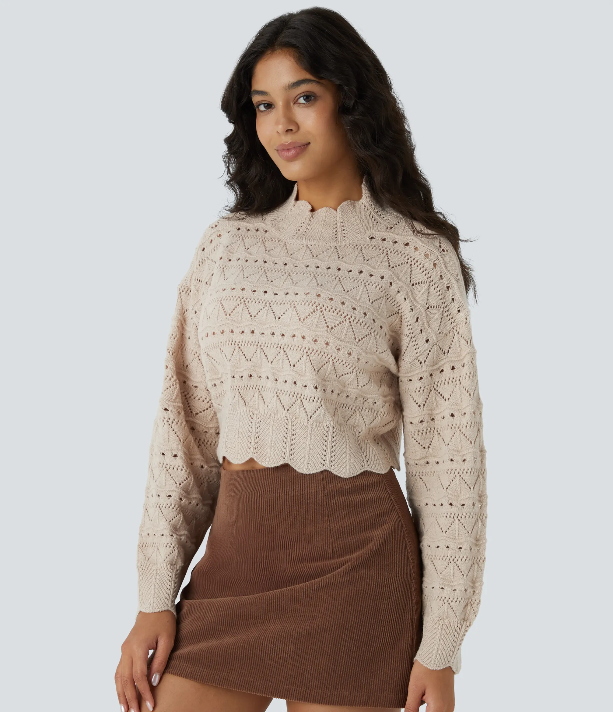 Sweaters<HALARA Mock Neck Bishop Sleeve Scallop Hem Open Knit Casual Sweater
