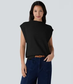 Sweaters<HALARA Mock Neck Cap Sleeve Casual Sweater