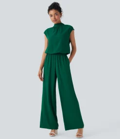 Jumpsuits<HALARA Mock Neck Keyhole Back Cap Sleeve Wide Leg Work Jumpsuit with Pockets