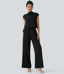 Jumpsuits<HALARA Mock Neck Keyhole Back Cap Sleeve Wide Leg Work Jumpsuit with Pockets