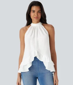 Casual Tops<HALARA Mock Neck Sleeveless Asymmetric Ruffle Hem Casual Top