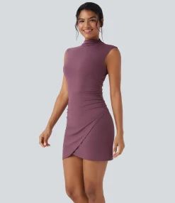 Bodycon Dresses|Mini Dresses<HALARA Mock-neck Sleeveless Ruched Crossover Hem Bodycon Mini Dress