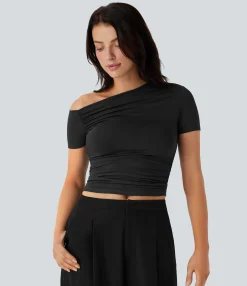 Work Tops<HALARA Oblique Shoulder Short Sleeve Ruched Cropped Work Top