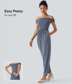 Jumpsuits<HALARA Off Shoulder Back Zipper Casual Jumpsuit with Pockets-Easy Peezy