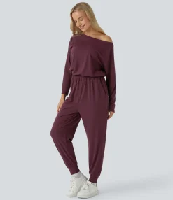 Jumpsuits<HALARA Off Shoulder Long Sleeve Pocket Waffle Casual Jumpsuit