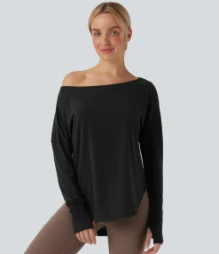 Sports Tops|Sports Tops<HALARA One Shoulder Long Sleeve Thumb Hole Curved Hem High Low Quick Dry Yoga Sports Top