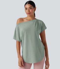 Sports Tops|Sports Tops<HALARA One Shoulder Short Sleeve Curved Hem High Low Quick Dry Yoga Sports Top