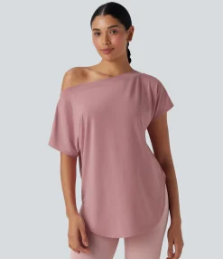 Sports Tops|Sports Tops<HALARA One Shoulder Short Sleeve Curved Hem High Low Quick Dry Yoga Sports Top