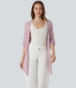 Sweaters<HALARA Open Front Long Sleeve Pocket Longline Casual Linen-Feel Cardigan