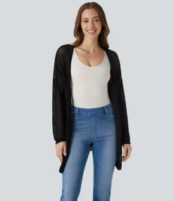 Sweaters<HALARA Open Front Long Sleeve Pocket Longline Casual Linen-Feel Cardigan