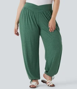 Plus Size<HALARA Plus Size Crossover High Waisted Drawstring Casual Joggers with Pockets